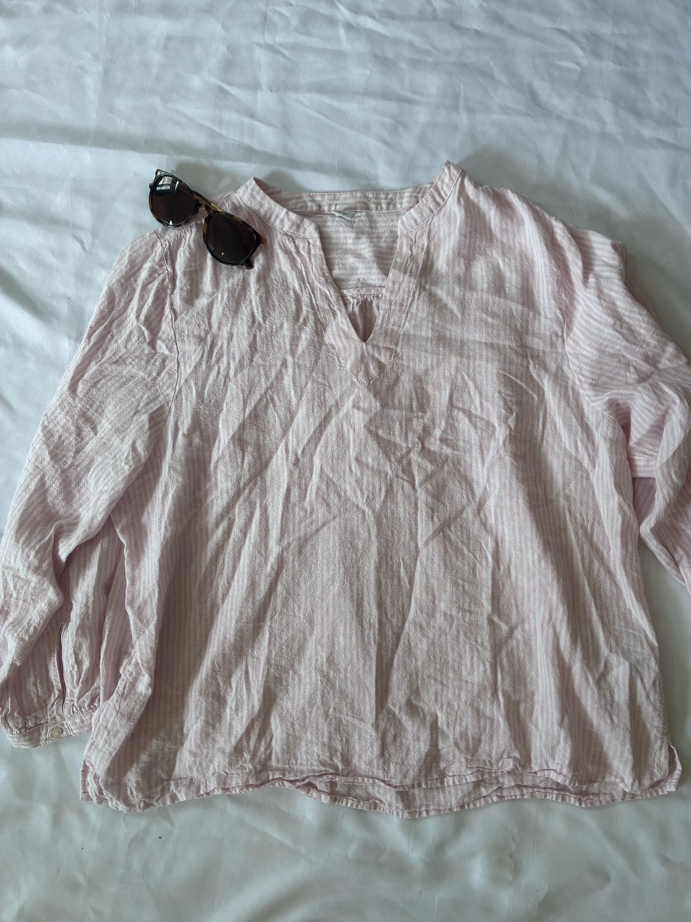 Linen Pink and White Striped Long-Sleeve V-Neck Women’s Top